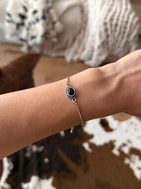 Y2K Black Stone Slider Bracelet Adjustable Silver Minimalist